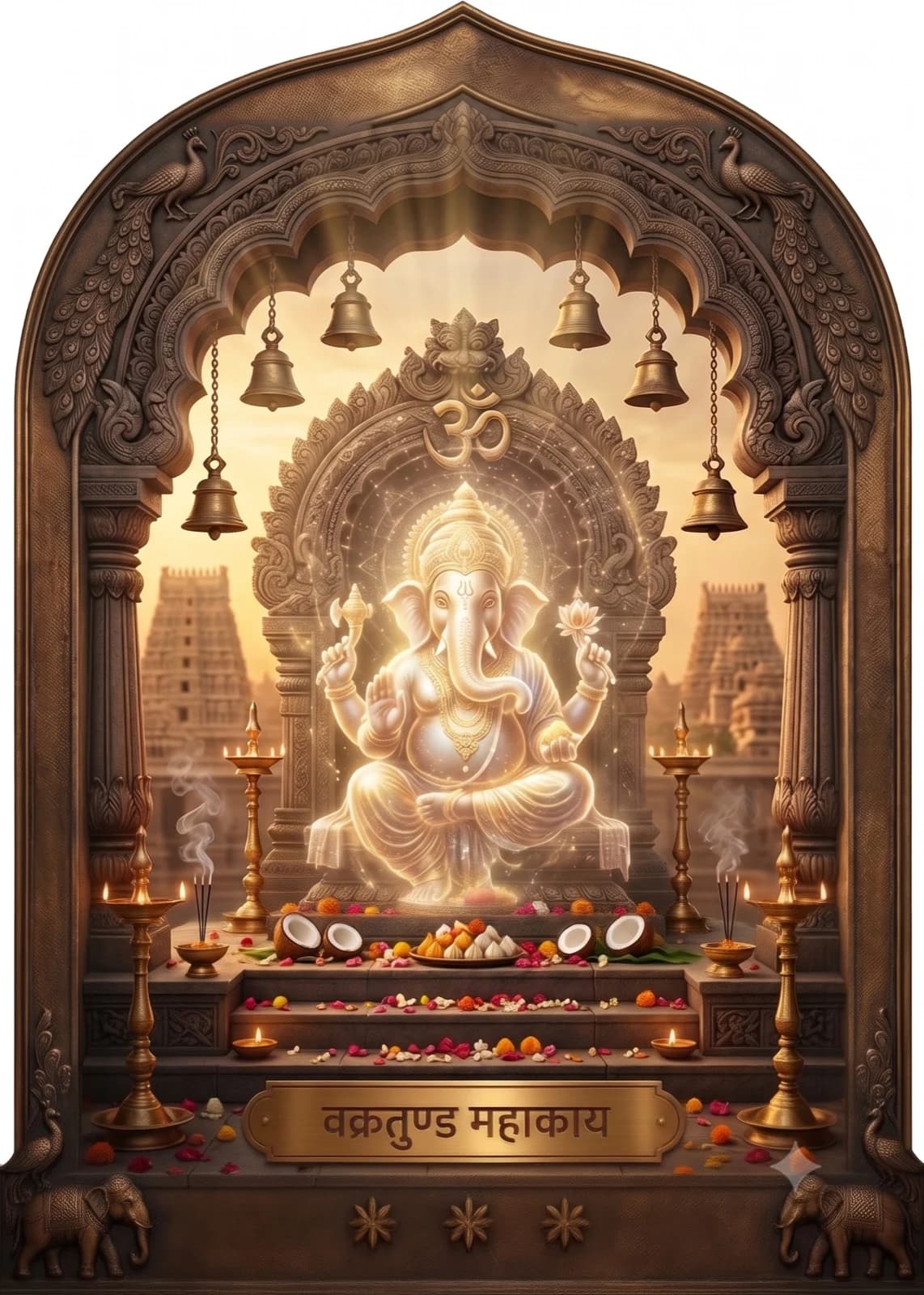 Lord Ganesha illuminated inside a carved temple sanctum
